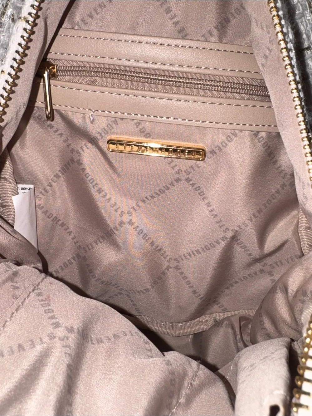 Steve Madden Mini Tweed Backpack White Gold Metallic Bag